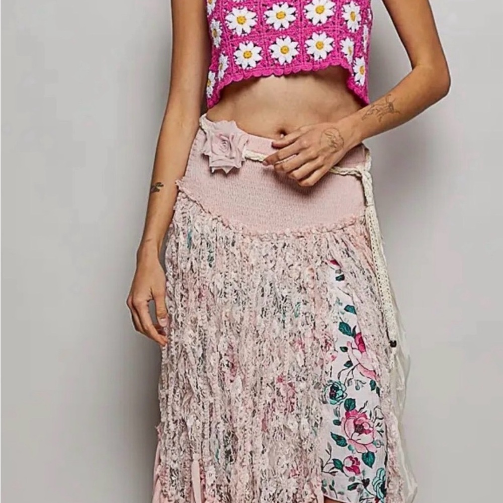 NWT POL Pink Skirt with Floral Panel SIZE LARGE NWT